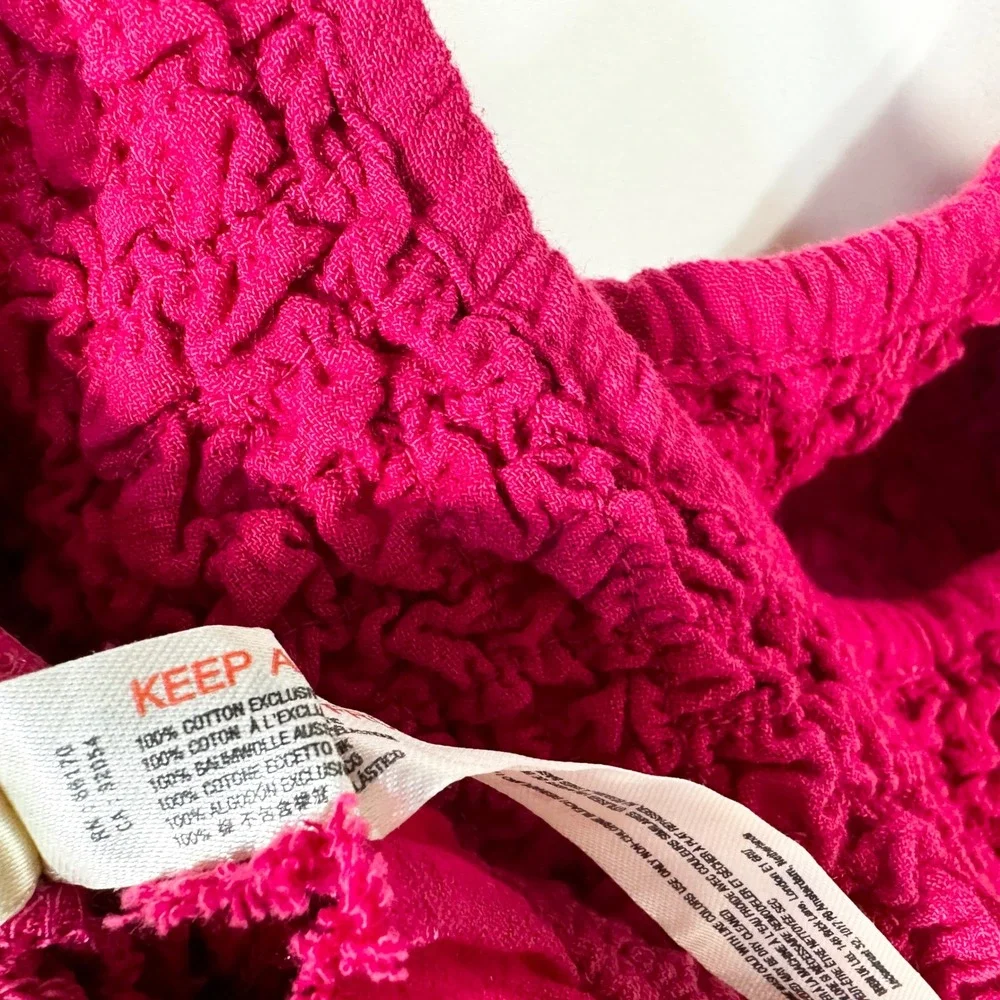Free People XS Crop Top Cropped Smocked Raspberry Hot Pink Short Sleeve Y2K 1479